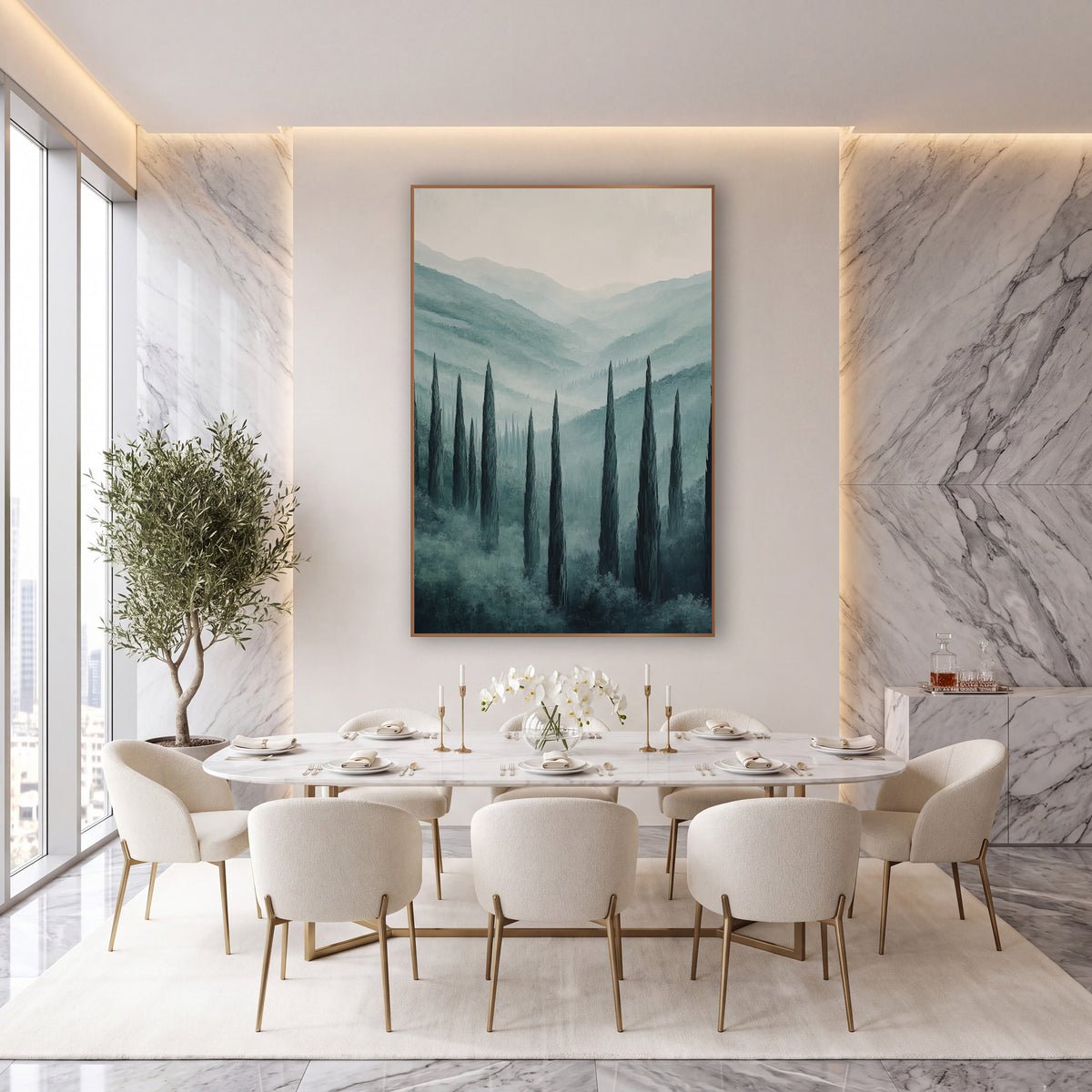 Misty Cypress Valley Luxury Decor wall art in an elegant modern room – tall dark cypress trees in a misty valley