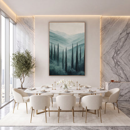 Misty Cypress Valley Luxury Decor wall art in an elegant modern room – tall dark cypress trees in a misty valley