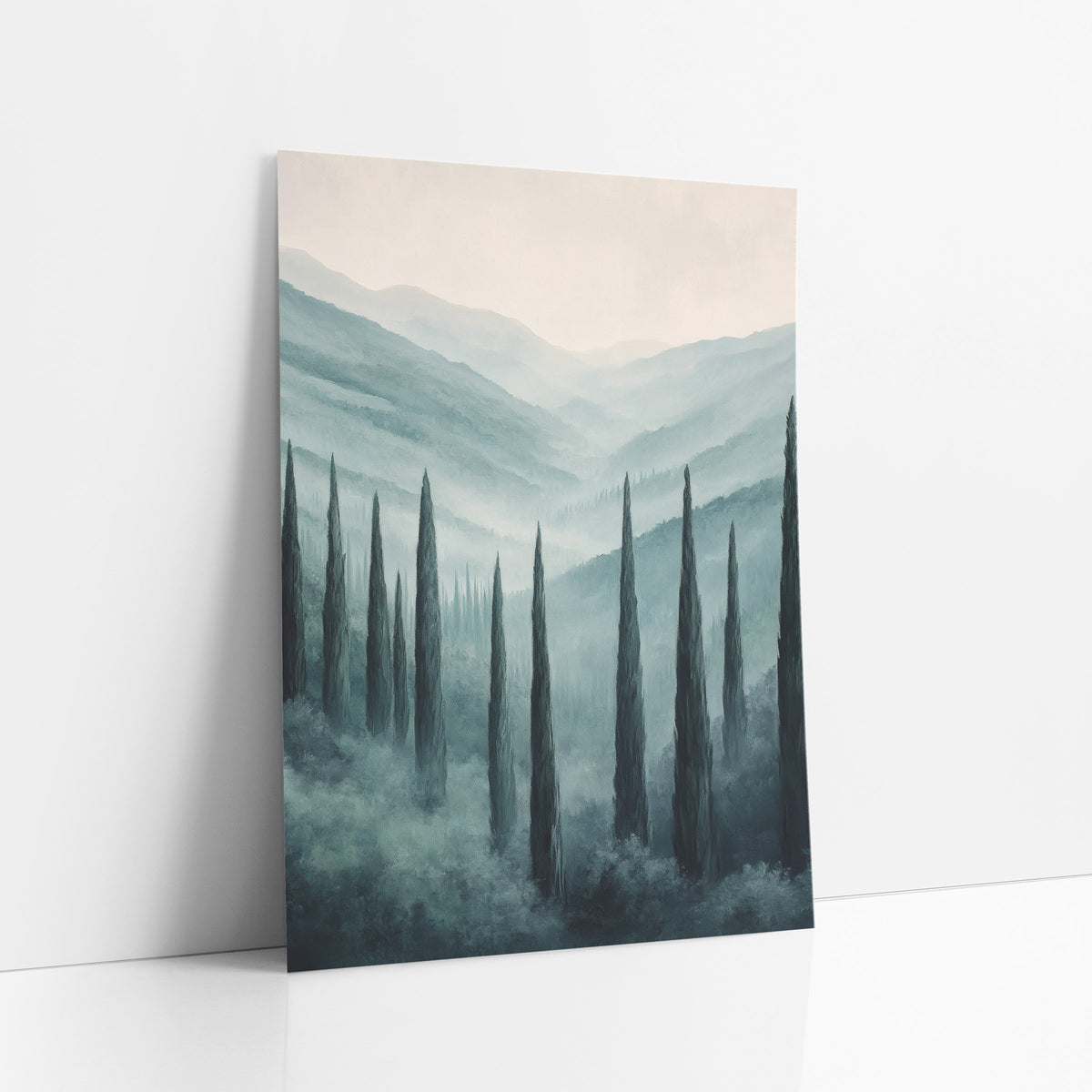 Misty Cypress Valley Luxury Decor art print leaning against a white wall – tall dark cypress trees in a misty valley