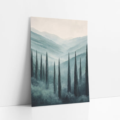 Misty Cypress Valley Luxury Decor art print leaning against a white wall – tall dark cypress trees in a misty valley