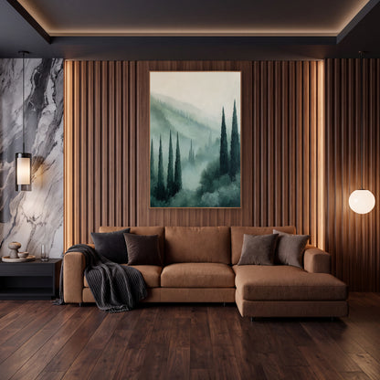 Misty Cypress Valley Tuscan wall art in an elegant modern room – tall dark green cypress trees rising from a misty