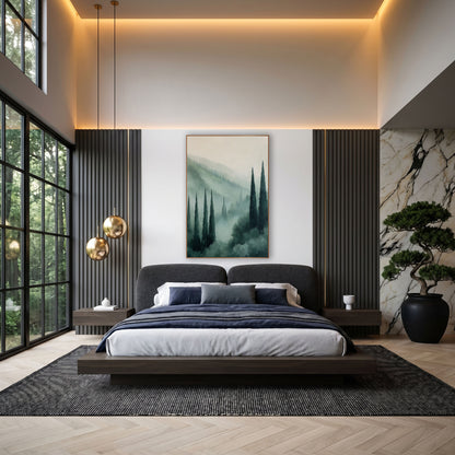 Misty Cypress Valley Tuscan wall art in an elegant modern room – tall dark green cypress trees rising from a misty