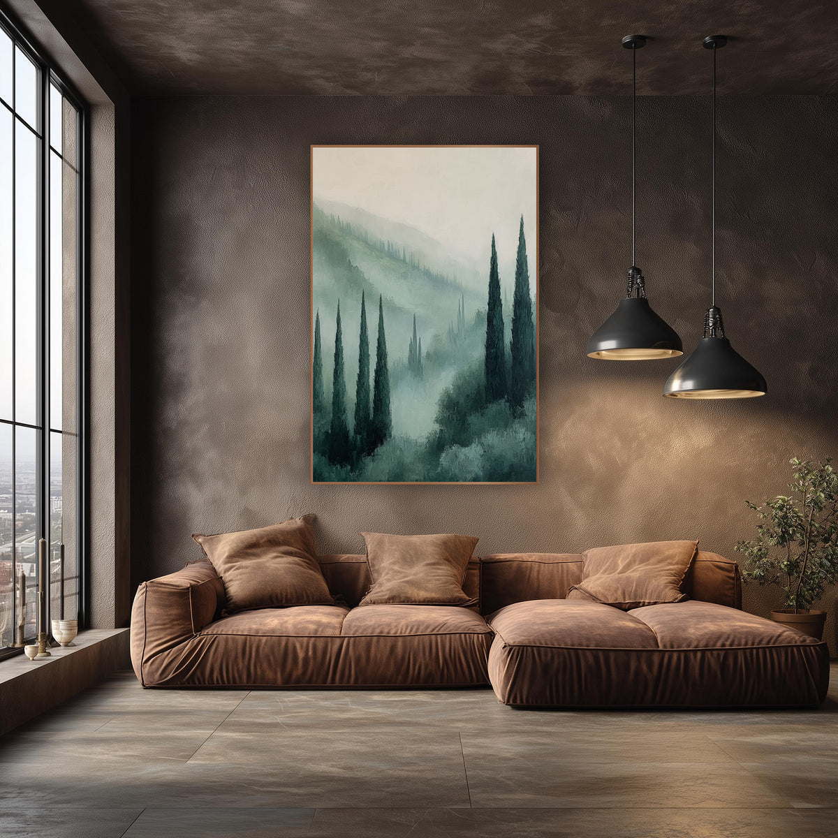 Misty Cypress Valley Tuscan wall art in an elegant modern room – tall dark green cypress trees rising from a misty