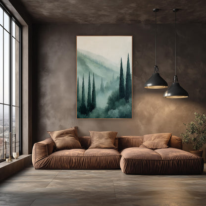 Misty Cypress Valley Tuscan wall art in an elegant modern room – tall dark green cypress trees rising from a misty