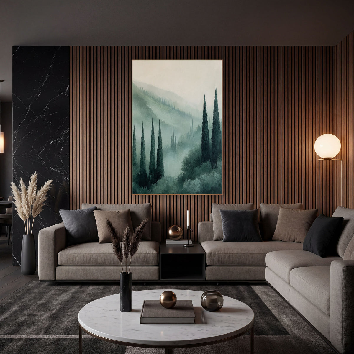 Misty Cypress Valley Tuscan wall art in an elegant modern room – tall dark green cypress trees rising from a misty