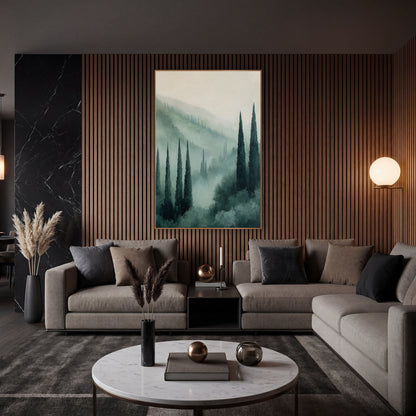 Misty Cypress Valley Tuscan wall art in an elegant modern room – tall dark green cypress trees rising from a misty