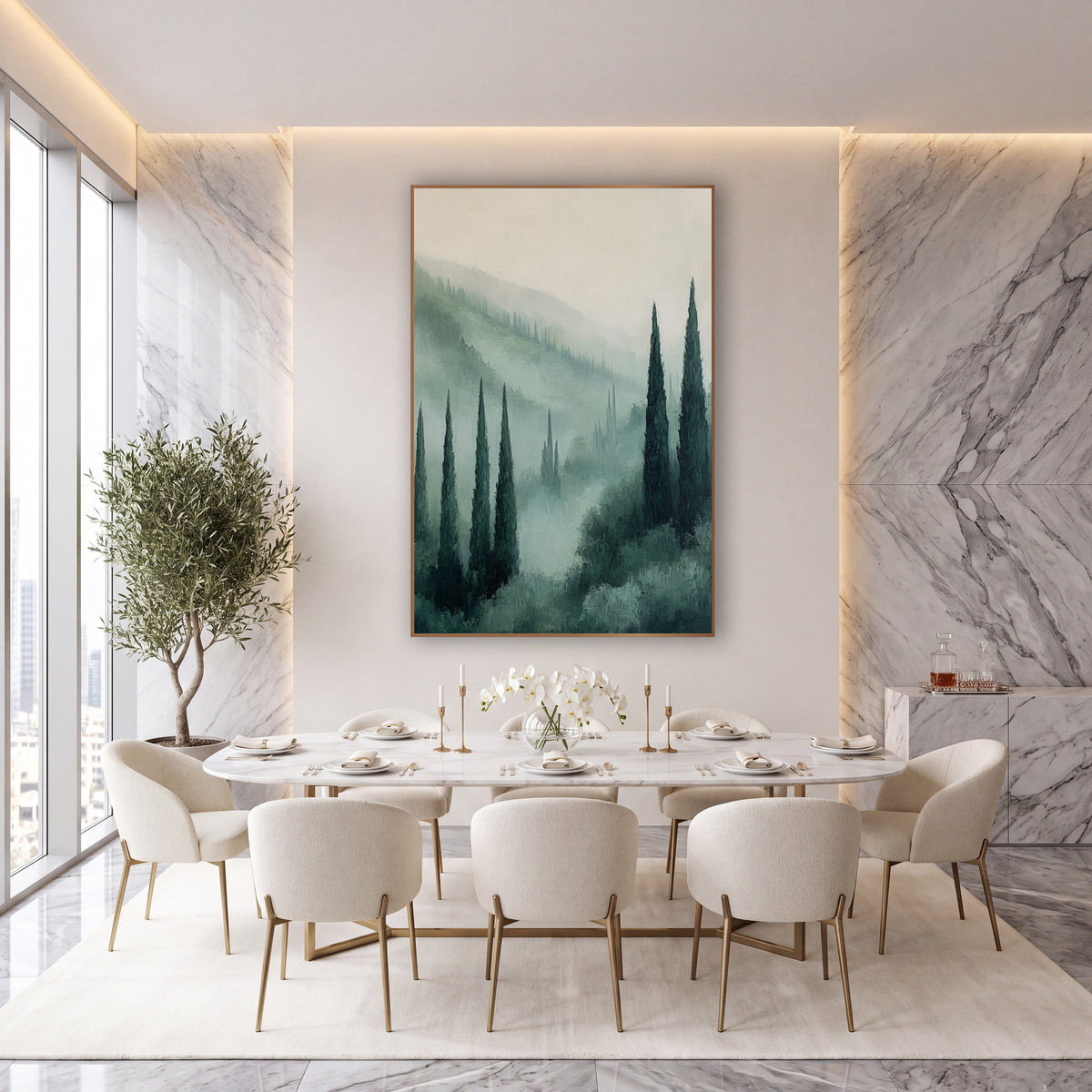 Misty Cypress Valley Tuscan wall art in an elegant modern room – tall dark green cypress trees rising from a misty