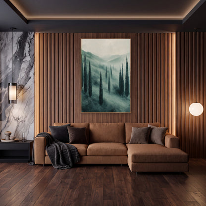 Misty Cypress Valley Modern Elegant wall art in an elegant modern room – tall dark cypress trees on a misty sage green