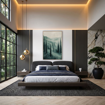 Misty Cypress Valley Modern Elegant wall art in an elegant modern room – tall dark cypress trees on a misty sage green