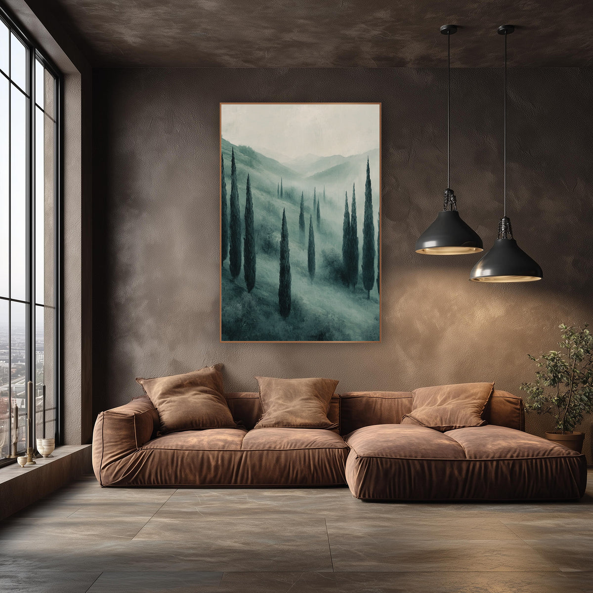 Misty Cypress Valley Modern Elegant wall art in an elegant modern room – tall dark cypress trees on a misty sage green