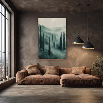 Misty Cypress Valley Modern Elegant wall art in an elegant modern room – tall dark cypress trees on a misty sage green