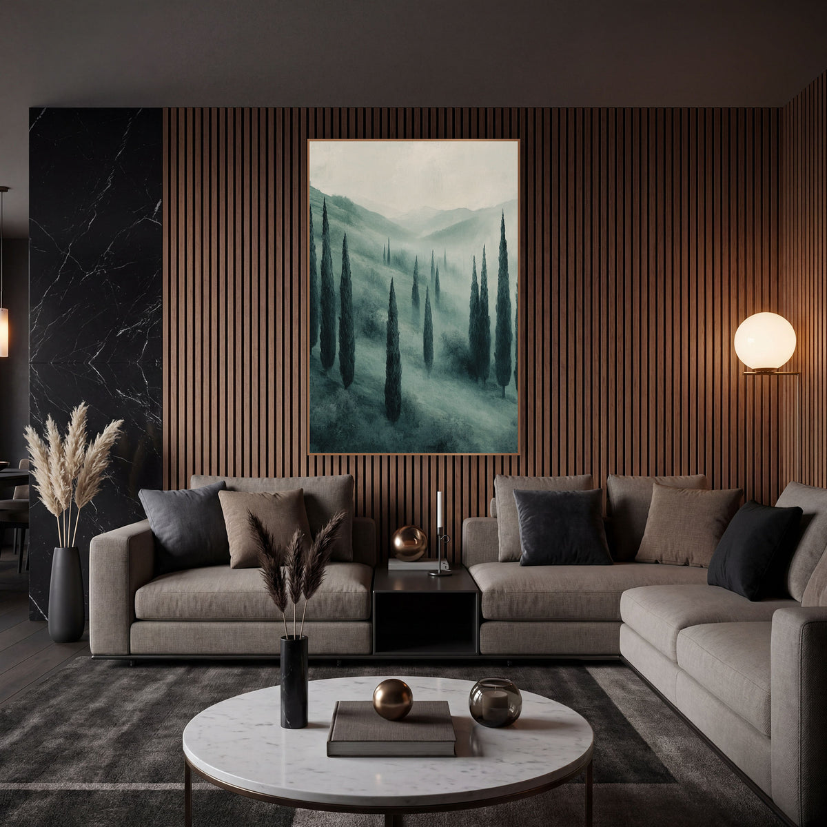 Misty Cypress Valley Modern Elegant wall art in an elegant modern room – tall dark cypress trees on a misty sage green