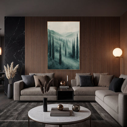 Misty Cypress Valley Modern Elegant wall art in an elegant modern room – tall dark cypress trees on a misty sage green