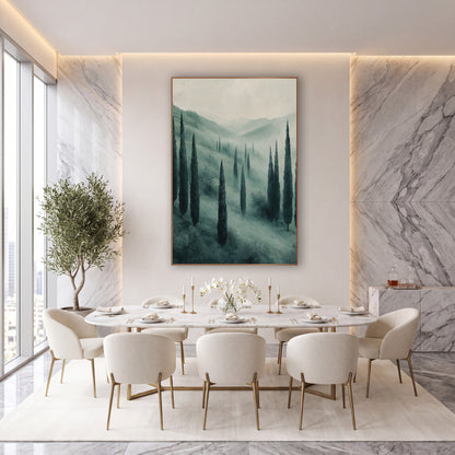 Misty Cypress Valley Modern Elegant wall art in an elegant modern room – tall dark cypress trees on a misty sage green