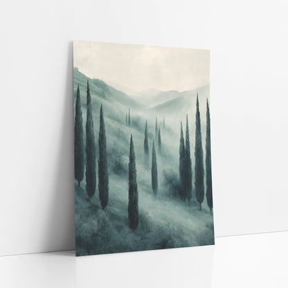 Misty Cypress Valley Modern Elegant art print leaning against a white wall – tall dark cypress trees on a misty sage green