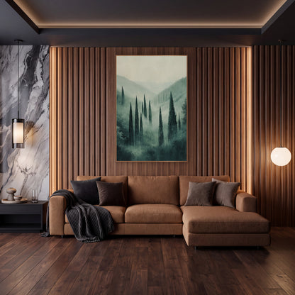 Misty Cypress Valley Tuscan Style wall art in an elegant modern room – tall dark cypress trees in a misty green valley