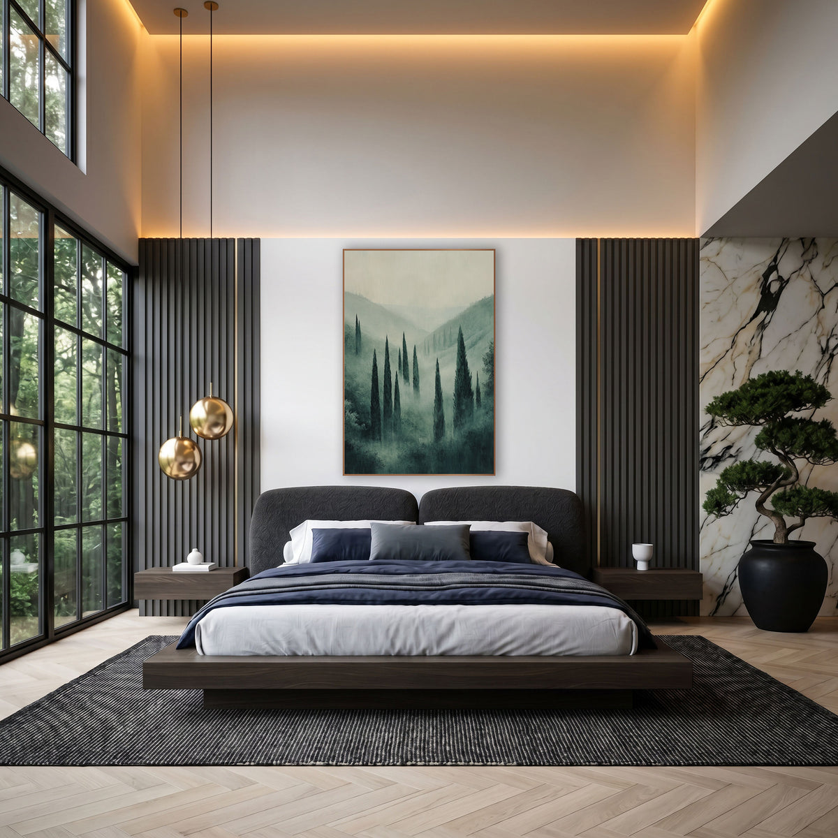 Misty Cypress Valley Tuscan Style wall art in an elegant modern room – tall dark cypress trees in a misty green valley