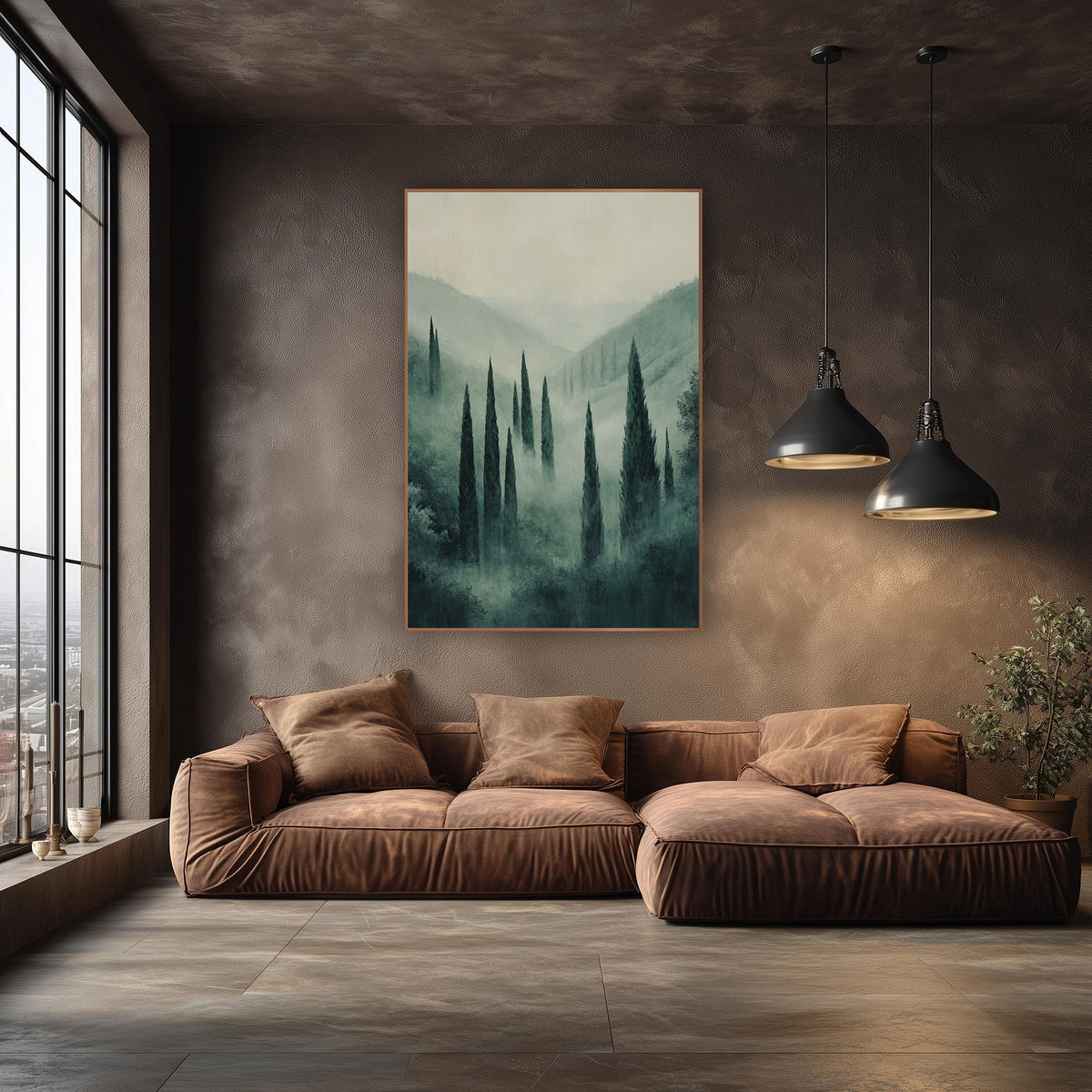 Misty Cypress Valley Tuscan Style wall art in an elegant modern room – tall dark cypress trees in a misty green valley