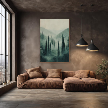 Misty Cypress Valley Tuscan Style wall art in an elegant modern room – tall dark cypress trees in a misty green valley