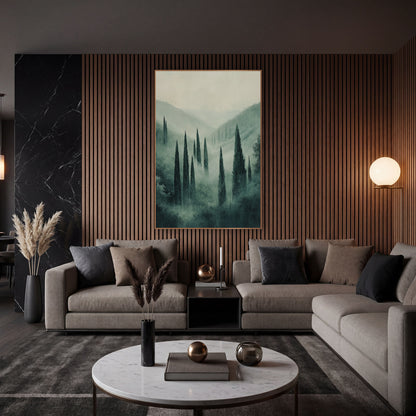 Misty Cypress Valley Tuscan Style wall art in an elegant modern room – tall dark cypress trees in a misty green valley