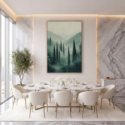 Misty Cypress Valley Tuscan Style wall art in an elegant modern room – tall dark cypress trees in a misty green valley