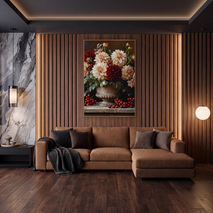 Cream Burgundy Dahlia Still Life wall art in an elegant modern room – cream and burgundy dahlias with red berries