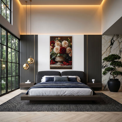 Cream Burgundy Dahlia Still Life wall art in an elegant modern room – cream and burgundy dahlias with red berries