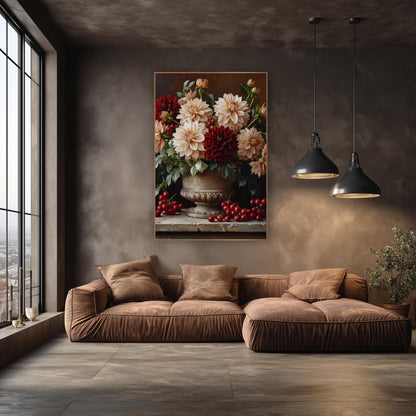 Cream Burgundy Dahlia Still Life wall art in an elegant modern room – cream and burgundy dahlias with red berries