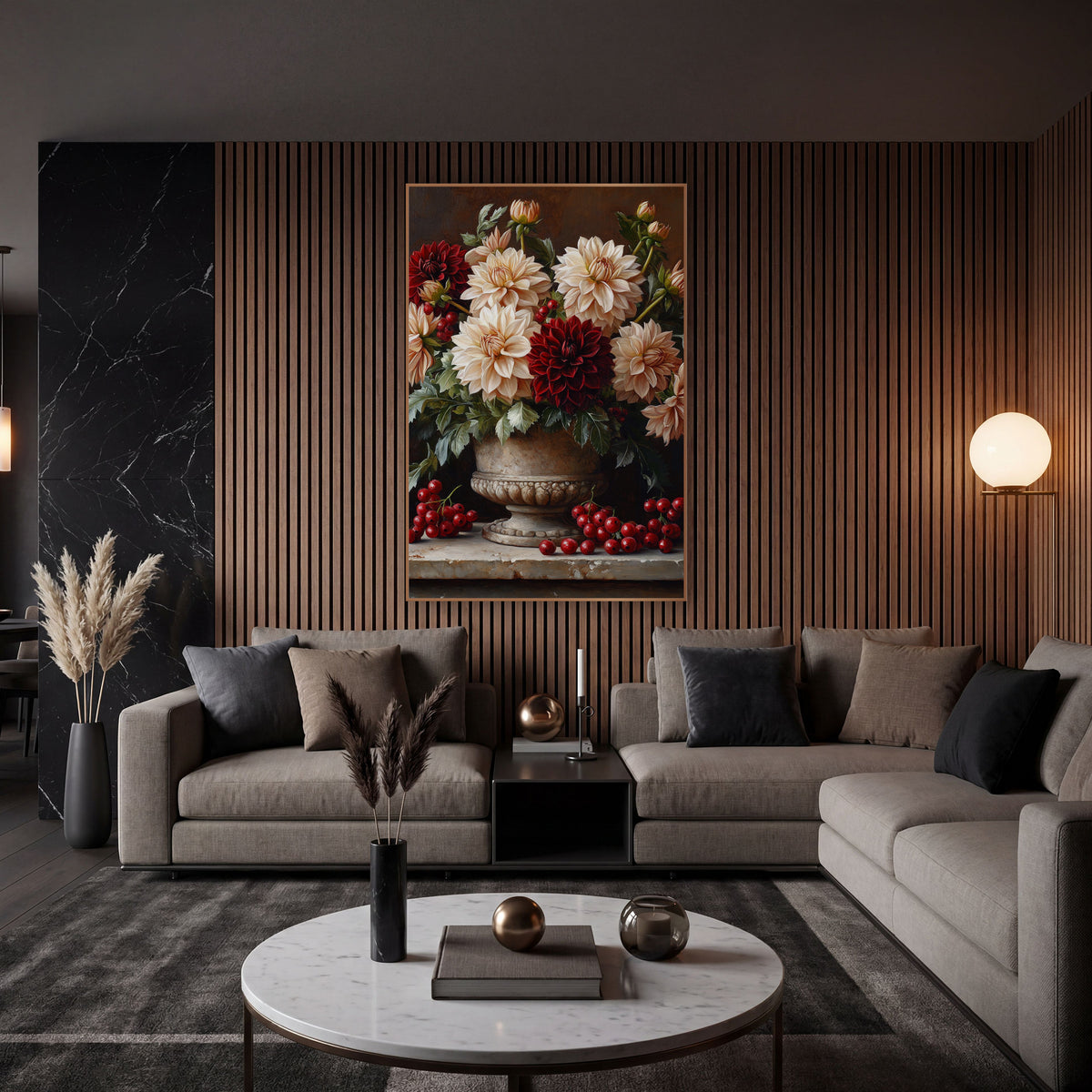 Cream Burgundy Dahlia Still Life wall art in an elegant modern room – cream and burgundy dahlias with red berries