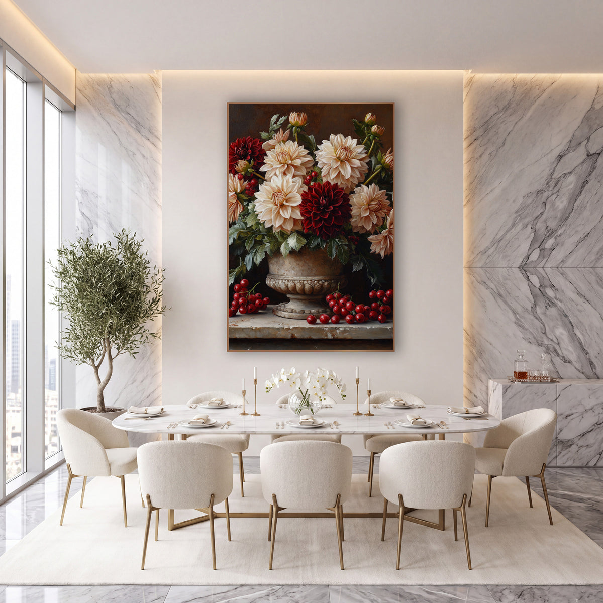 Cream Burgundy Dahlia Still Life wall art in an elegant modern room – cream and burgundy dahlias with red berries