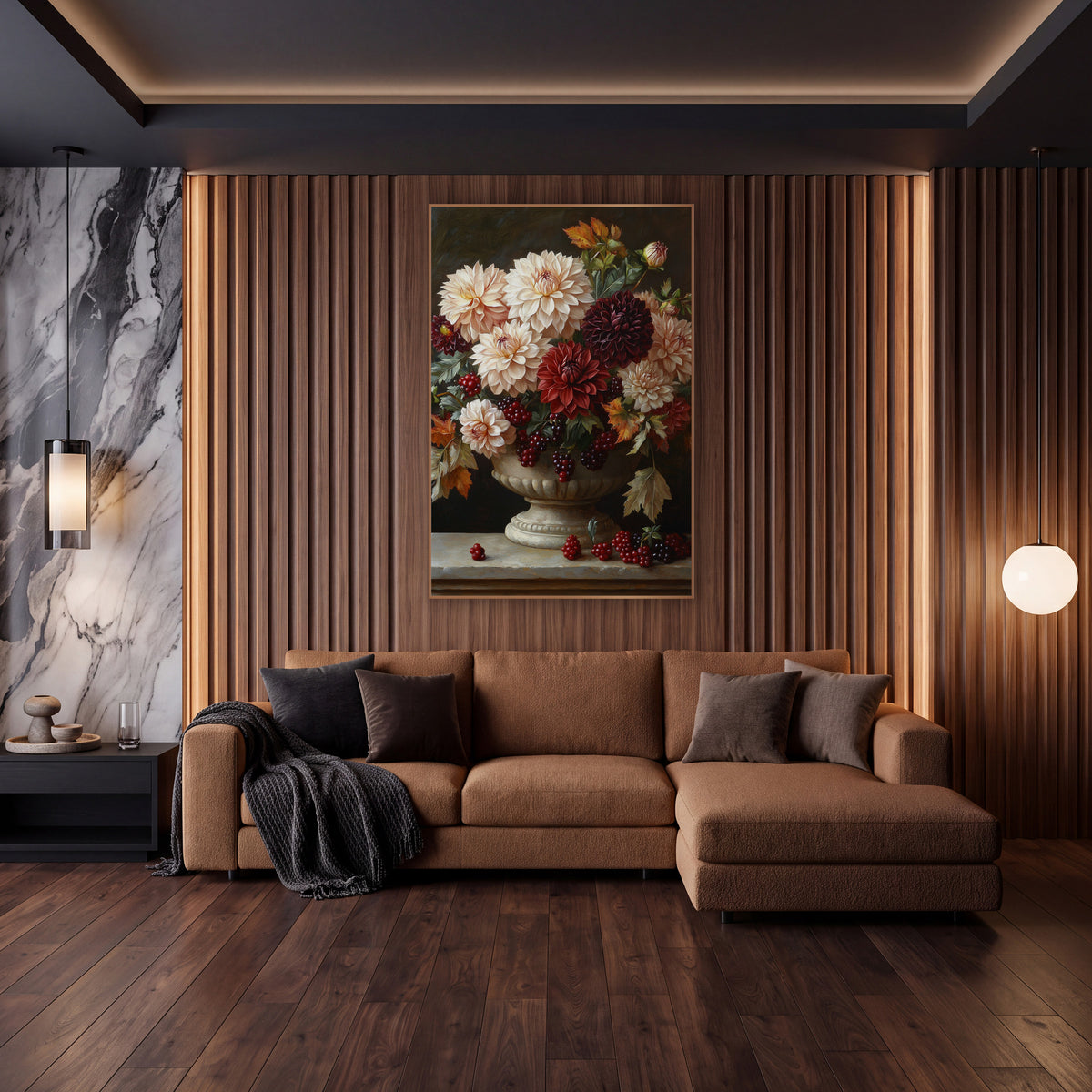 Dahlia Berry Pedestal Classic Still Life wall art in an elegant modern room – cream, burgundy and red dahlias with red