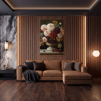 Dahlia Berry Pedestal Classic Still Life wall art in an elegant modern room – cream, burgundy and red dahlias with red