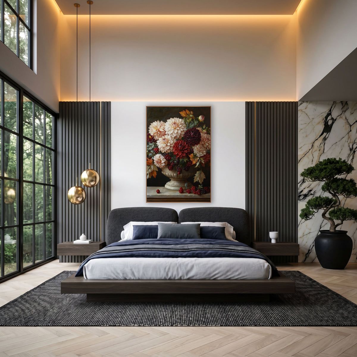 Dahlia Berry Pedestal Classic Still Life wall art in an elegant modern room – cream, burgundy and red dahlias with red