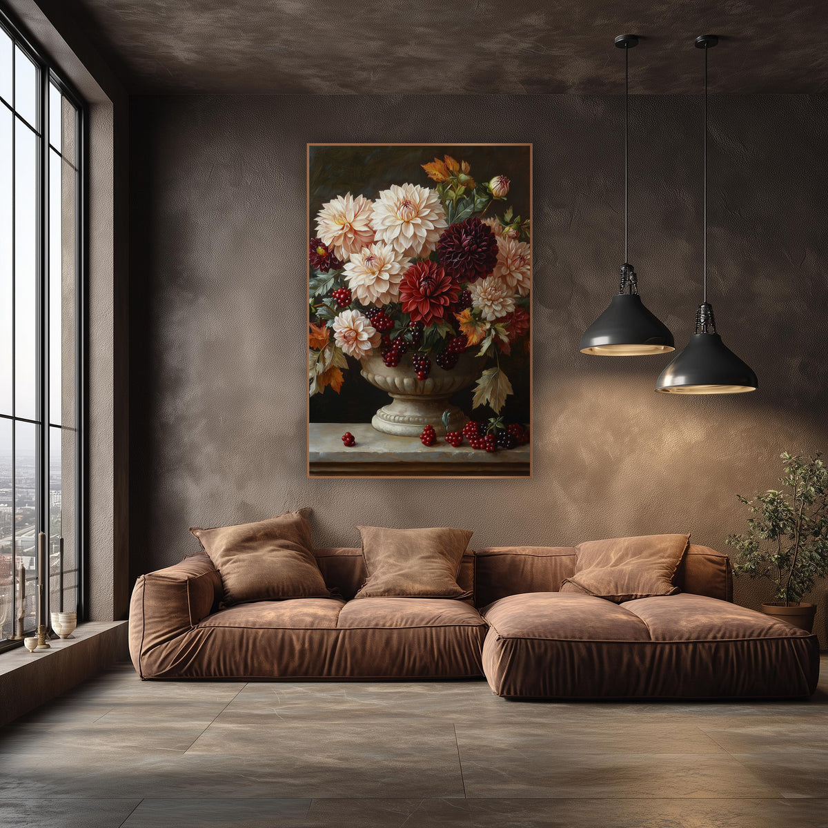 Dahlia Berry Pedestal Classic Still Life wall art in an elegant modern room – cream, burgundy and red dahlias with red