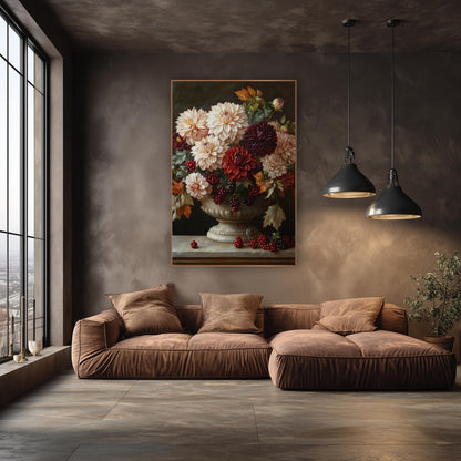 Dahlia Berry Pedestal Classic Still Life wall art in an elegant modern room – cream, burgundy and red dahlias with red