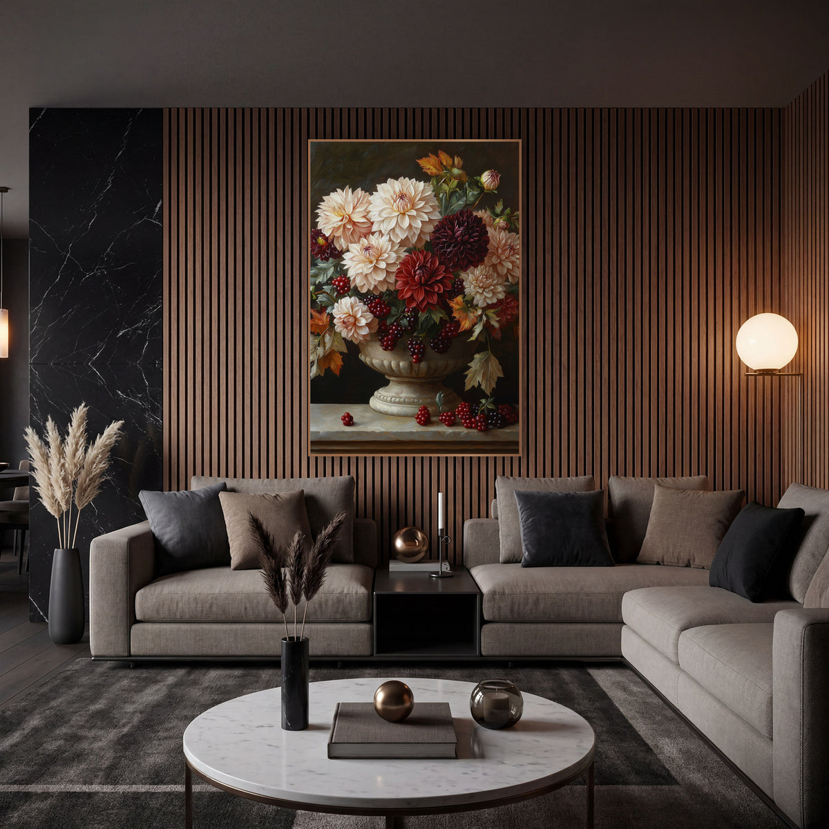 Dahlia Berry Pedestal Classic Still Life wall art in an elegant modern room – cream, burgundy and red dahlias with red