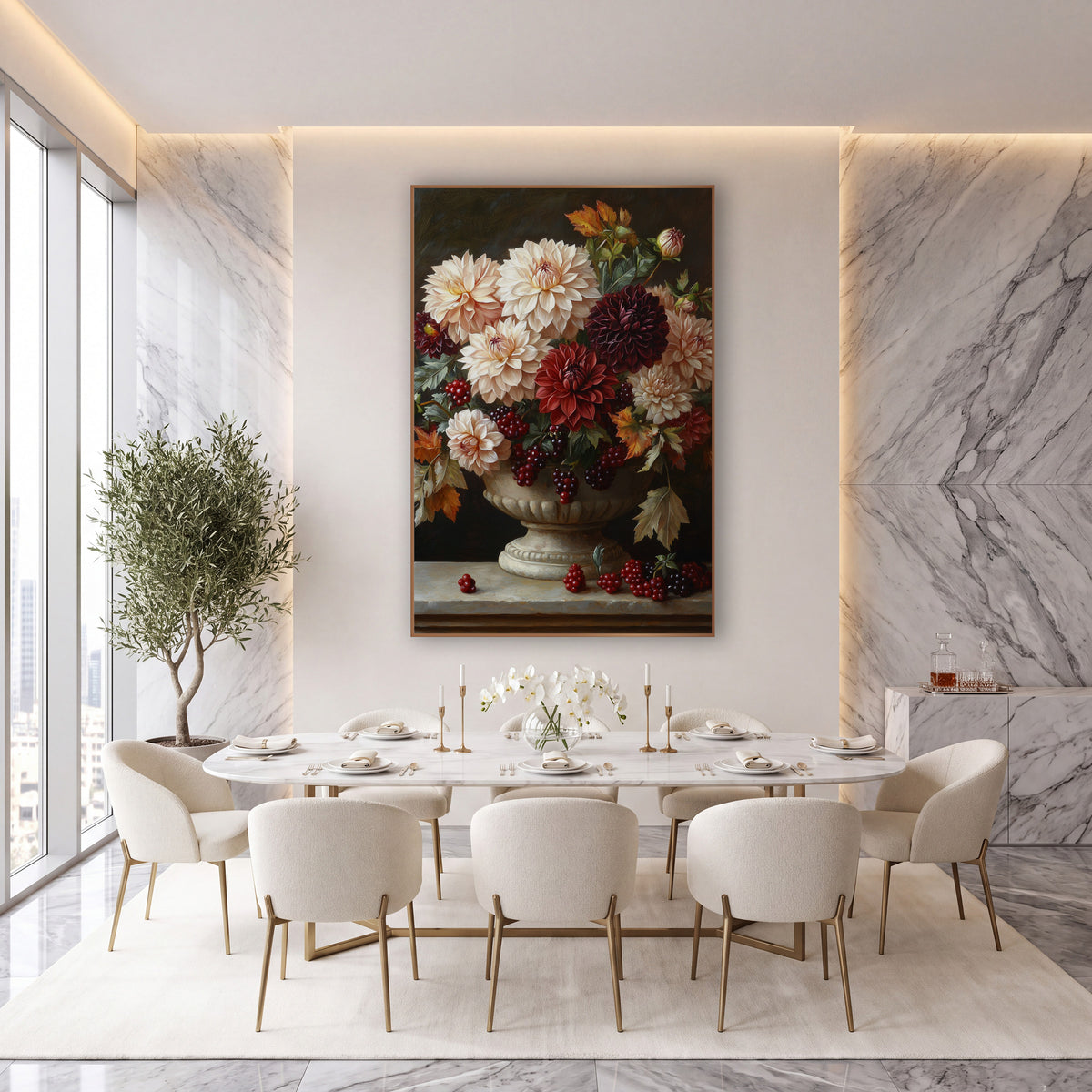 Dahlia Berry Pedestal Classic Still Life wall art in an elegant modern room – cream, burgundy and red dahlias with red