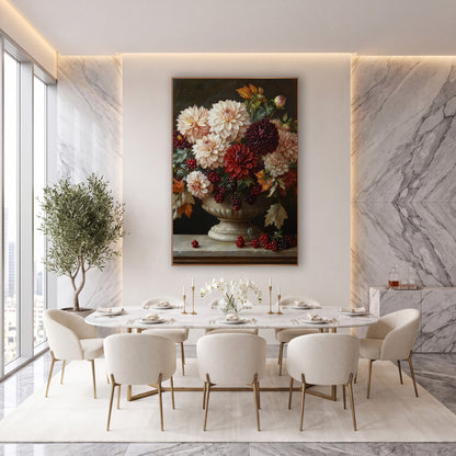 Dahlia Berry Pedestal Classic Still Life wall art in an elegant modern room – cream, burgundy and red dahlias with red