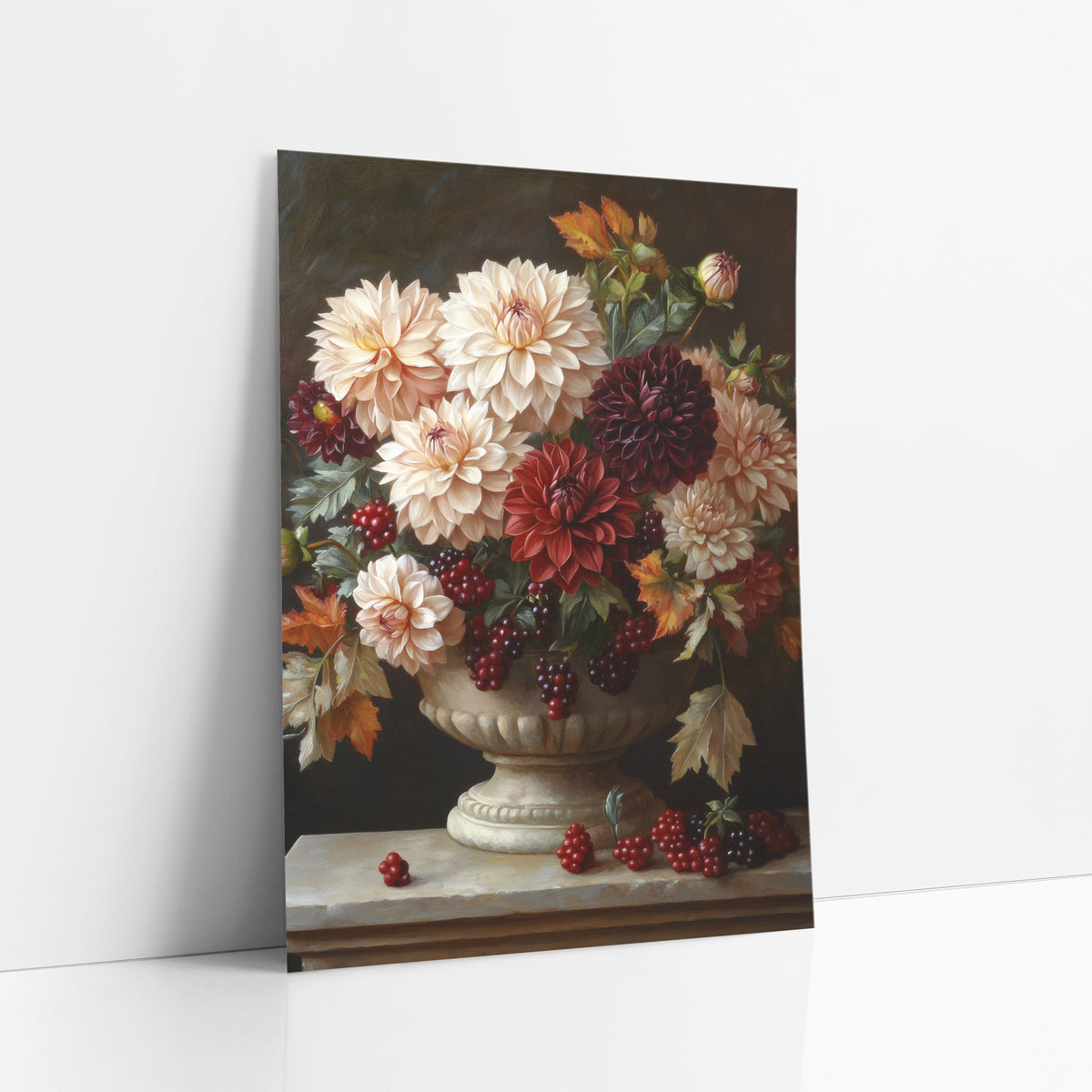 Dahlia Berry Pedestal Classic Still Life art print leaning against a white wall – cream, burgundy and red dahlias with red