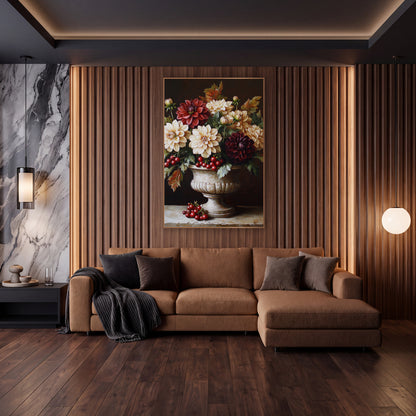 Dahlia Red Currants Urn Still Life wall art in an elegant modern room – cream, red and burgundy dahlias with red