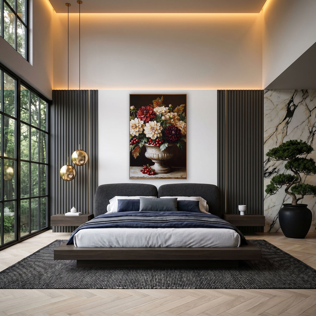 Dahlia Red Currants Urn Still Life wall art in an elegant modern room – cream, red and burgundy dahlias with red