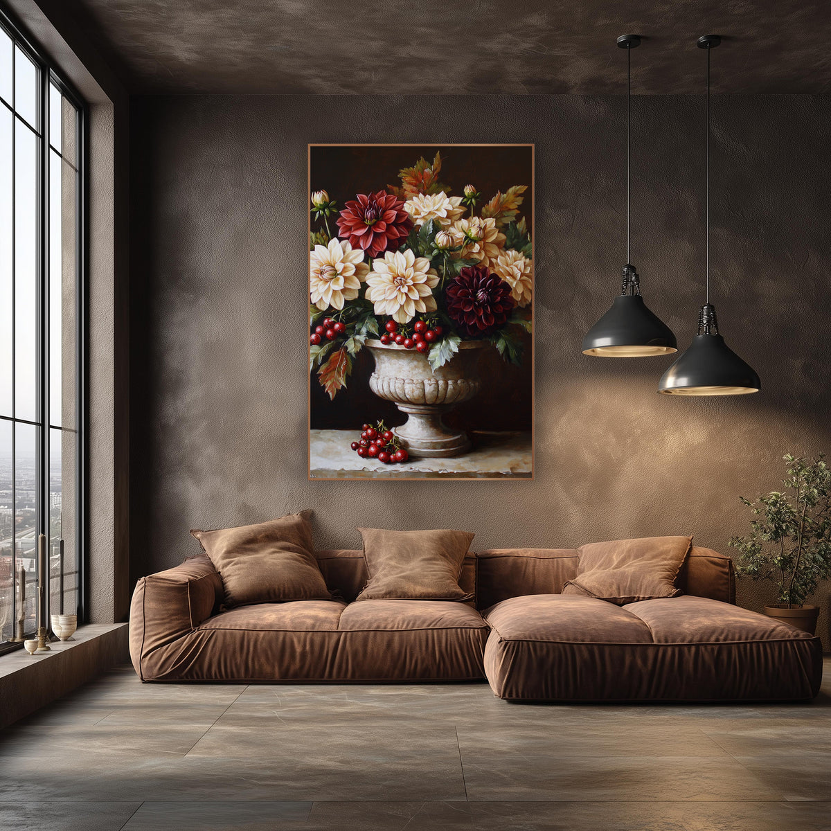 Dahlia Red Currants Urn Still Life wall art in an elegant modern room – cream, red and burgundy dahlias with red