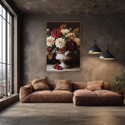 Dahlia Red Currants Urn Still Life wall art in an elegant modern room – cream, red and burgundy dahlias with red