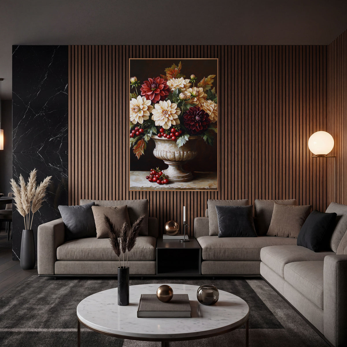 Dahlia Red Currants Urn Still Life wall art in an elegant modern room – cream, red and burgundy dahlias with red