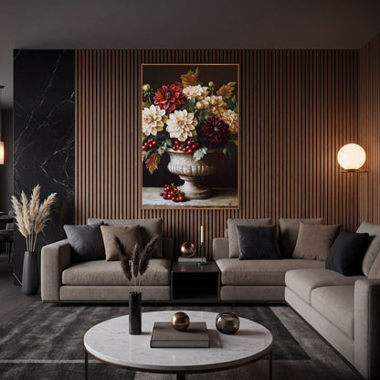 Dahlia Red Currants Urn Still Life wall art in an elegant modern room – cream, red and burgundy dahlias with red