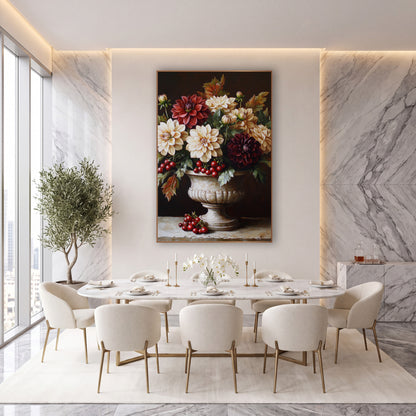Dahlia Red Currants Urn Still Life wall art in an elegant modern room – cream, red and burgundy dahlias with red