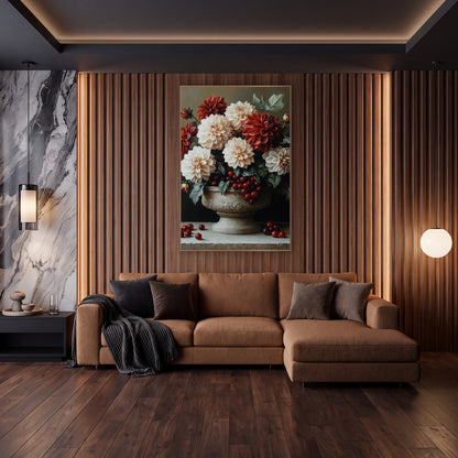 Dahlia Cranberry Cascade Bowl Still Life wall art in an elegant modern room – cream and crimson dahlias with red