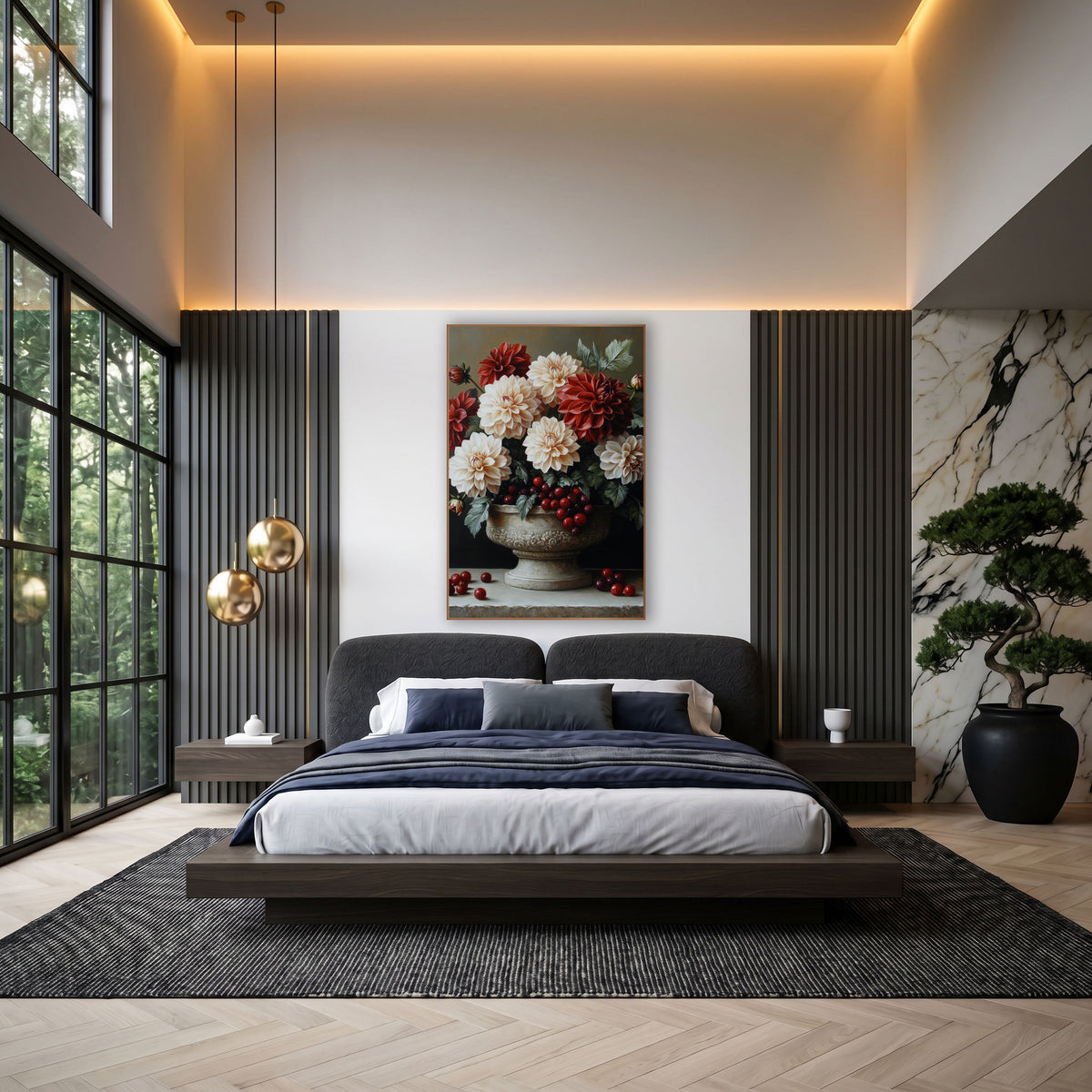Dahlia Cranberry Cascade Bowl Still Life wall art in an elegant modern room – cream and crimson dahlias with red