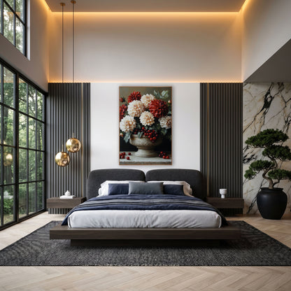 Dahlia Cranberry Cascade Bowl Still Life wall art in an elegant modern room – cream and crimson dahlias with red