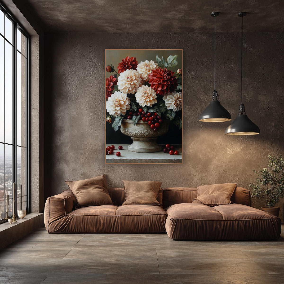 Dahlia Cranberry Cascade Bowl Still Life wall art in an elegant modern room – cream and crimson dahlias with red